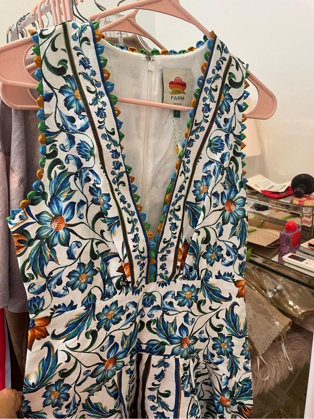 NWT FARM Rio White Maxi Dress with Blue and Tan Floral Print - Picture 4 of 11